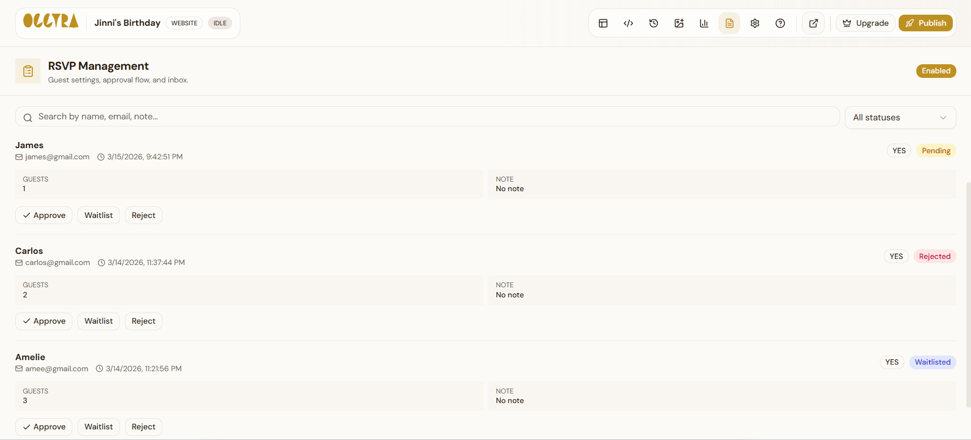 Occyra guest list and export—organized RSVPs without manual spreadsheets