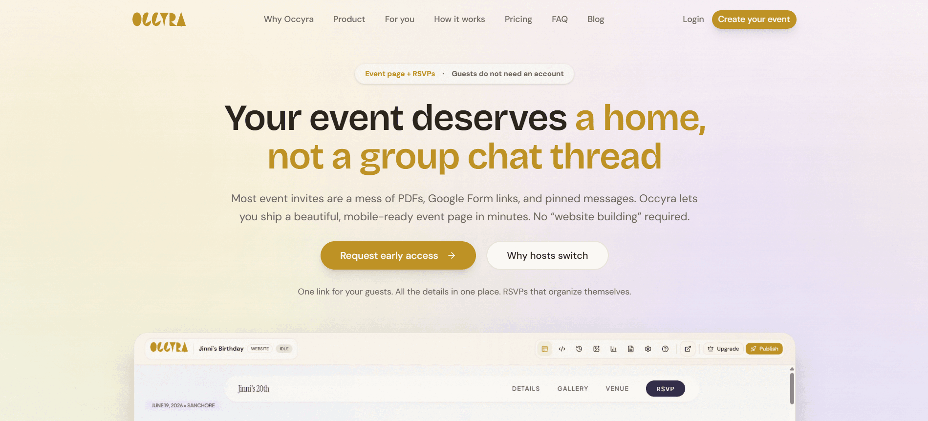 Occyra event page preview on a phone—clean layout for corporate events