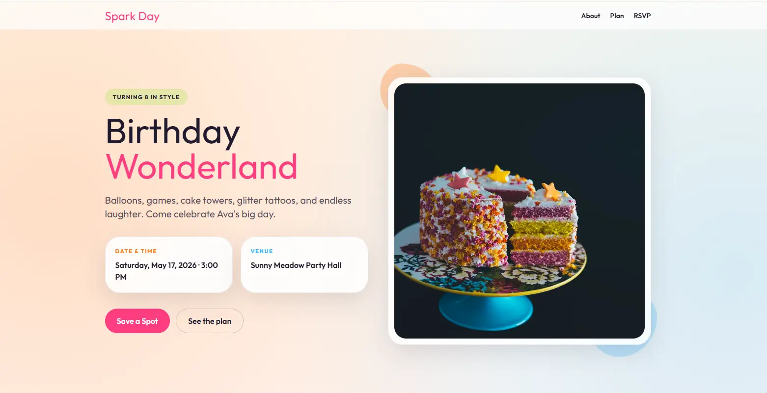 Colorful Kids Birthday Party Website
