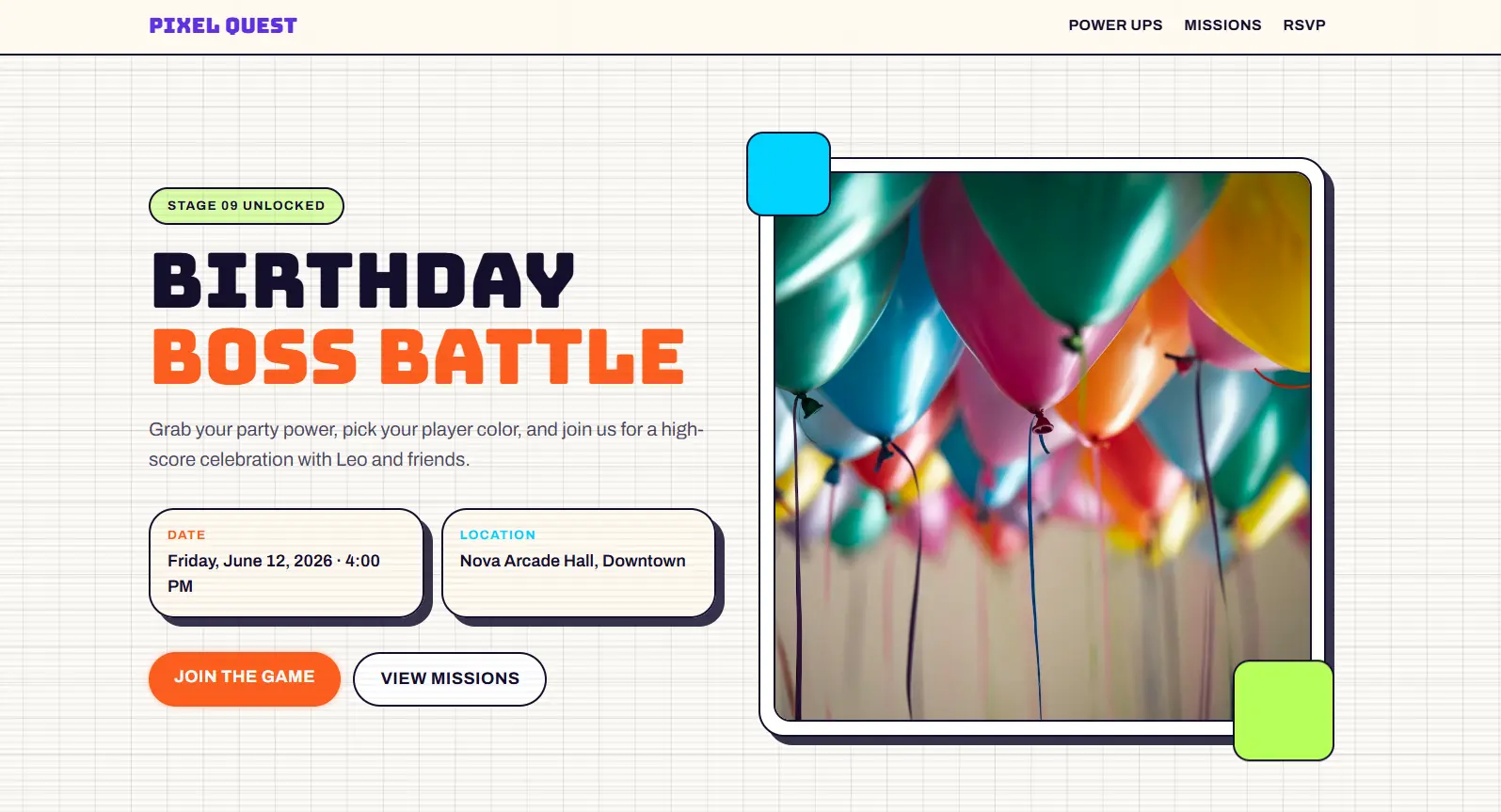 Retro Arcade Birthday Party Website